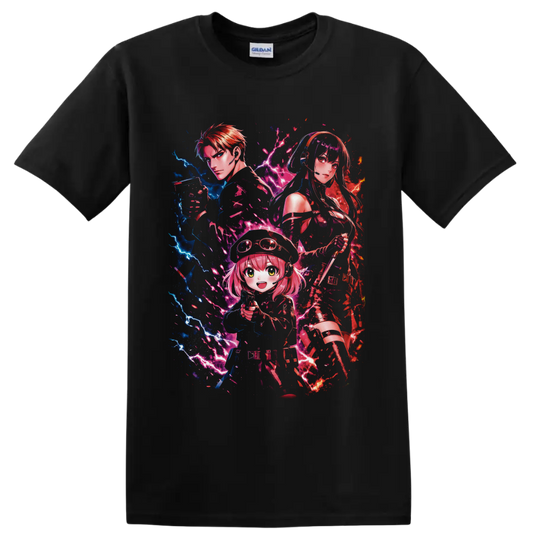 Spy x Family Loid, Yor, and Anya anime art with neon lightning and colorful splashes on a Black T Shirt