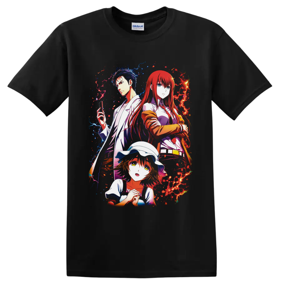 Steins;Gate Rintaro, Kurisu, and Mayuri anime art with red and blue energy on a Black T Shirt