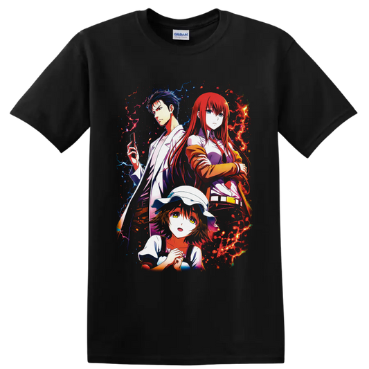 Steins;Gate Rintaro, Kurisu, and Mayuri anime art with red and blue energy on a Black T Shirt