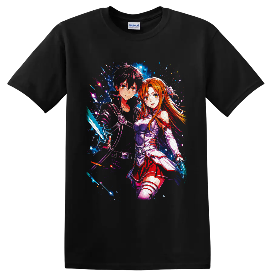 Kirito and Asuna Yuuki anime art with glowing swords and cosmic blue effects on a Black T Shirt