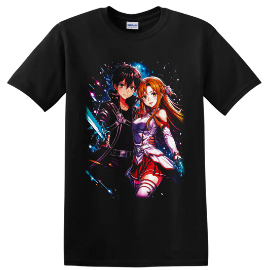 Kirito and Asuna Yuuki anime art with glowing swords and cosmic blue effects on a Black T Shirt