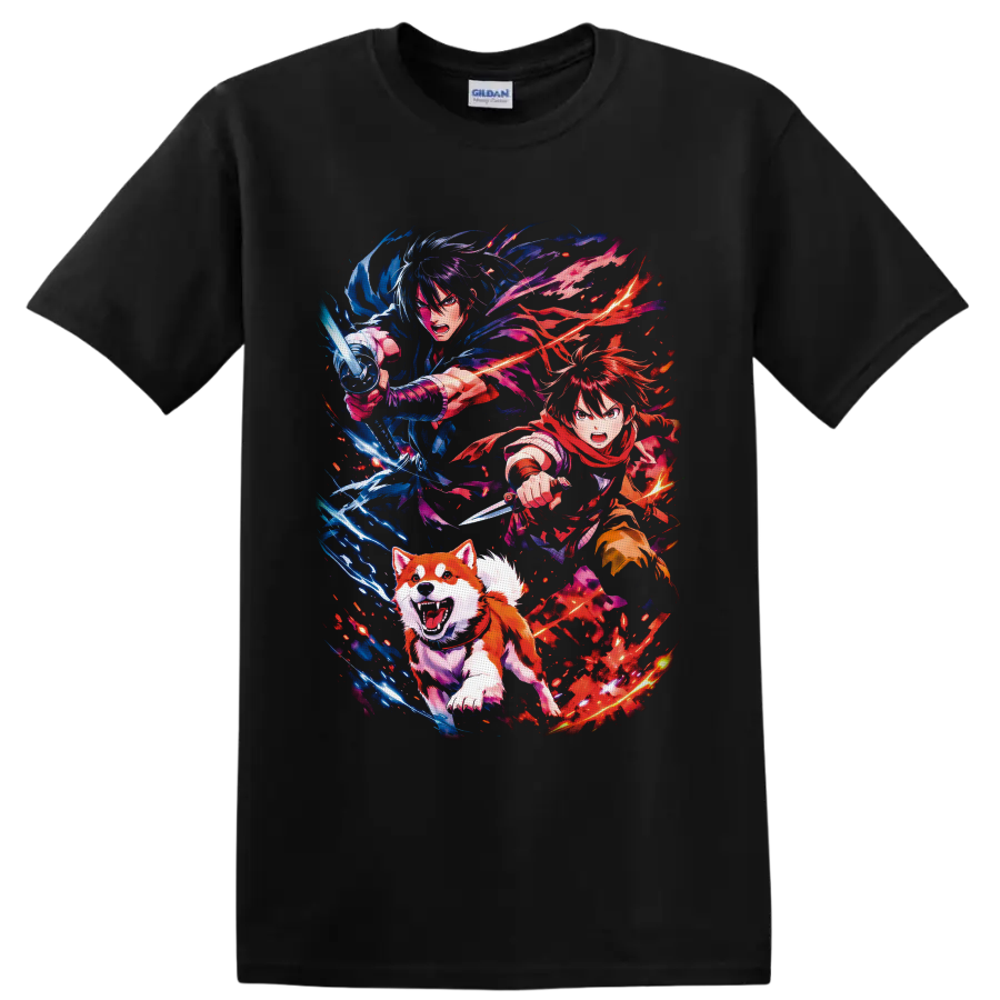 Ginga Nagareboshi Gin anime warriors and charging dog with blue and red energy on a Black T Shirt