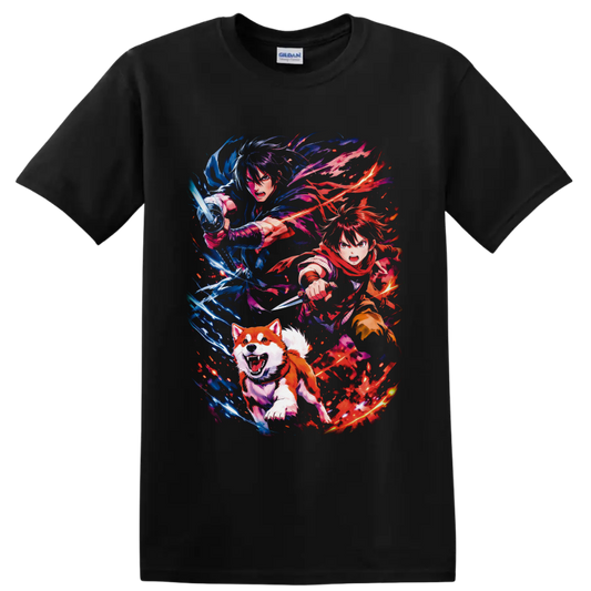 Ginga Nagareboshi Gin anime warriors and charging dog with blue and red energy on a Black T Shirt