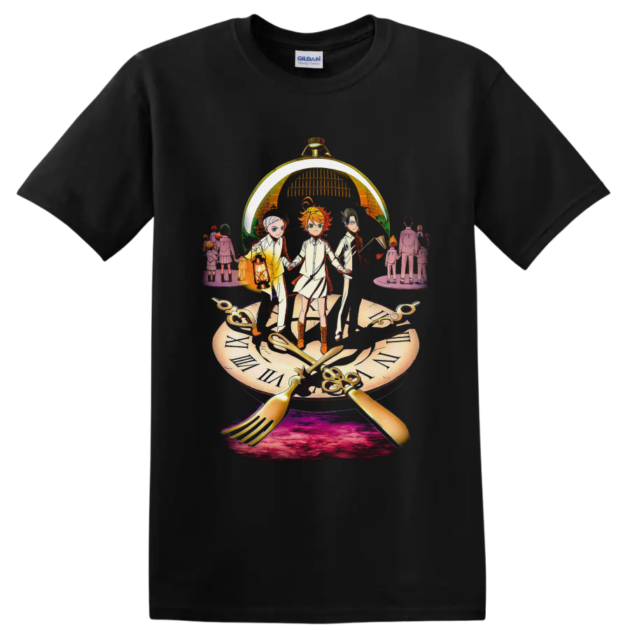 Emma, Norman and Ray beneath a golden pocket watch in dramatic anime clock art on a Black T Shirt