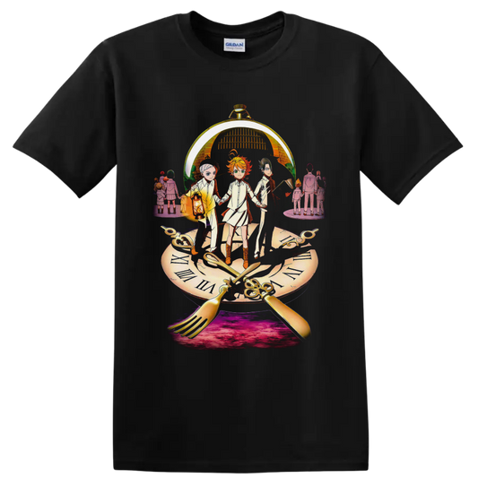 Emma, Norman and Ray beneath a golden pocket watch in dramatic anime clock art on a Black T Shirt