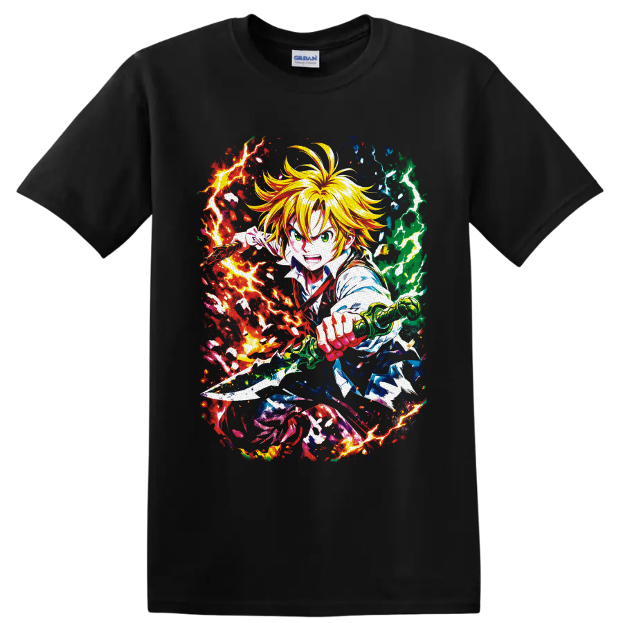 Meliodas with sword amid red, green, and blue lightning in dynamic anime battle art on a Black T Shirt