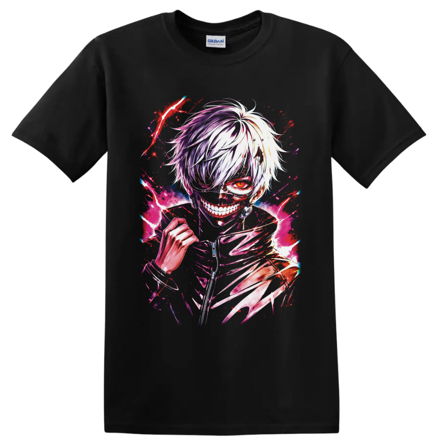 Ken Kaneki Tokyo Ghoul anime portrait with red eye, masked grin, and kagune claws on a Black T Shirt
