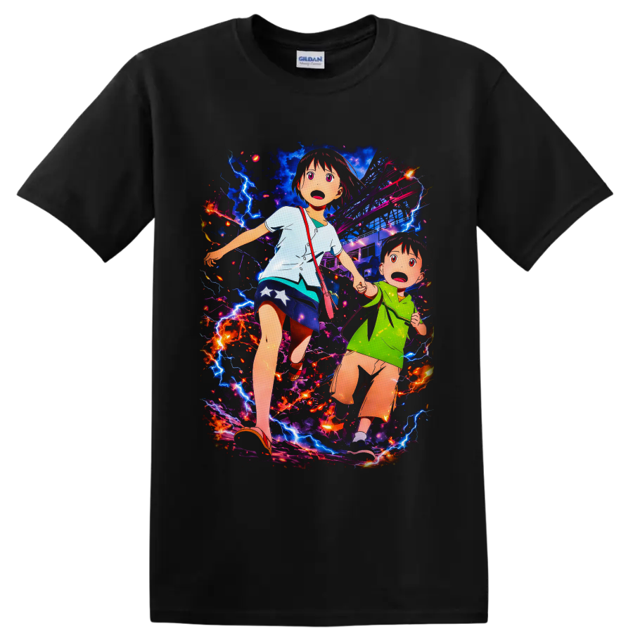 Mirai and Yuuki anime disaster scene with lightning, sparks, and a damaged city on a Black T Shirt