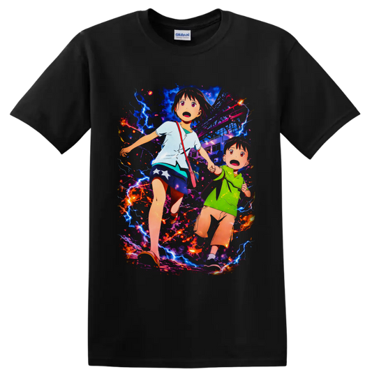 Mirai and Yuuki anime disaster scene with lightning, sparks, and a damaged city on a Black T Shirt
