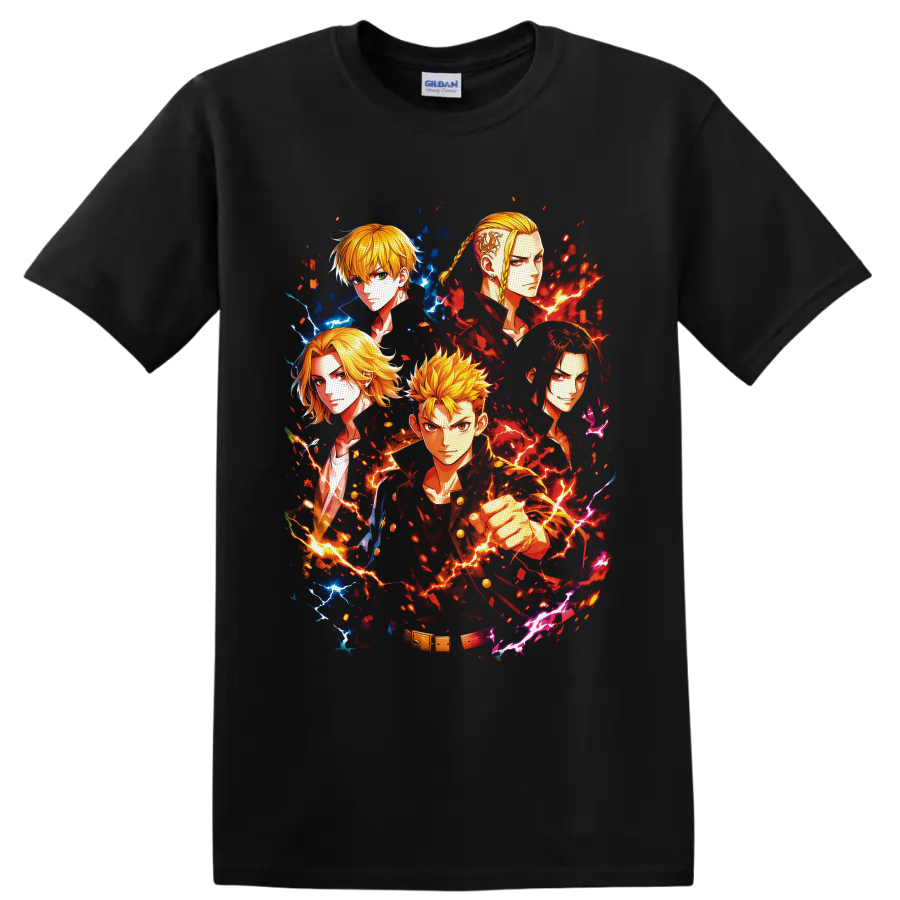 Tokyo Revengers character collage with Takemichi, Mikey, Draken, and fiery lightning on a Black T Shirt