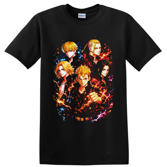 Tokyo Revengers character collage with Takemichi, Mikey, Draken, and fiery lightning on a Black T Shirt