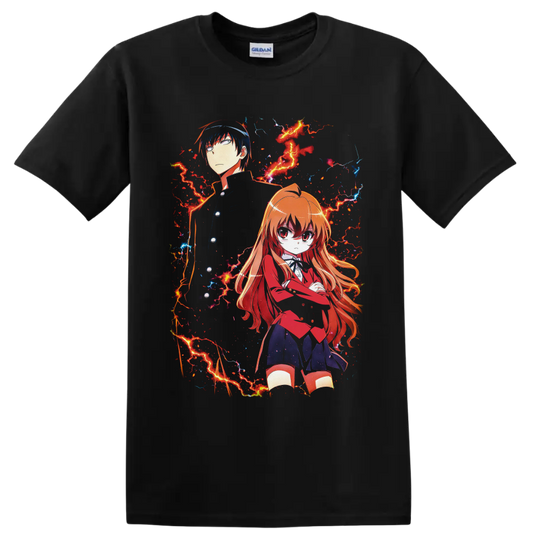 Taiga Aisaka and Ryuji Takasu anime art with red and blue lightning on a Black T Shirt