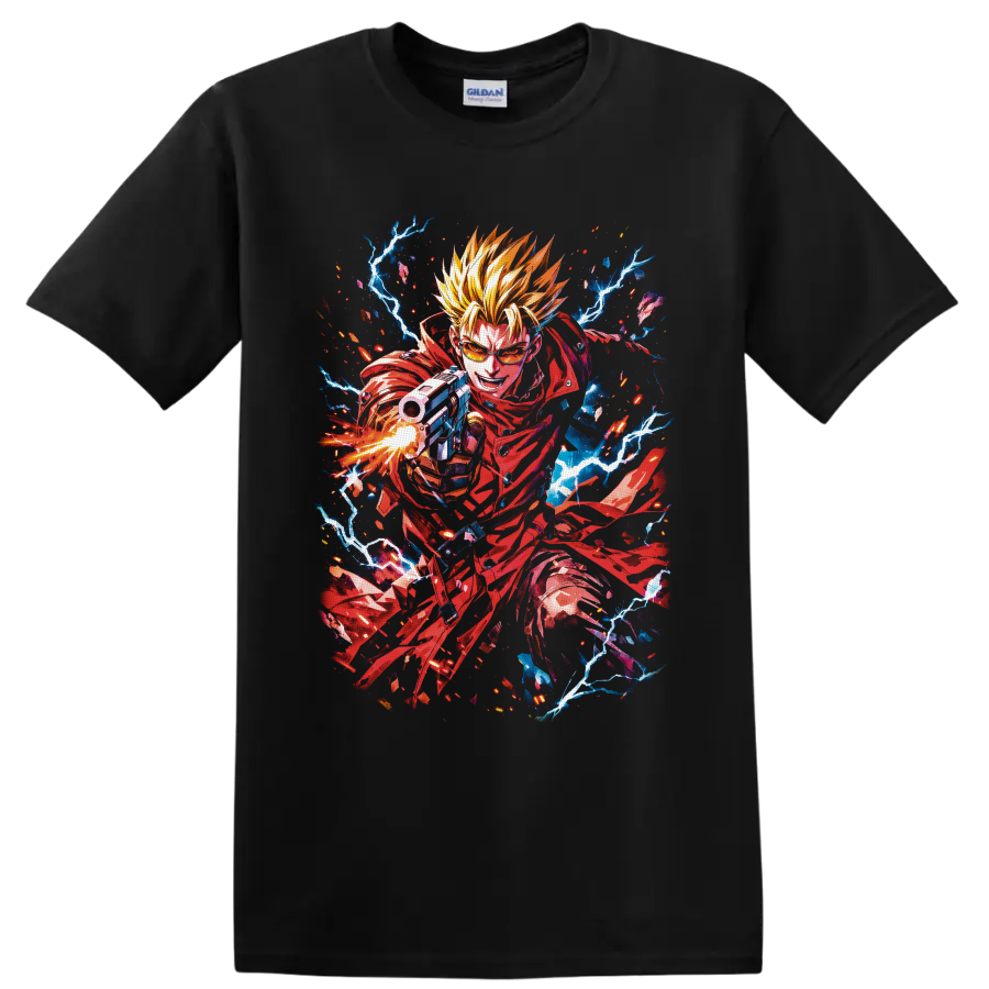 Vash the Stampede in red coat with gunfire, lightning, and vivid anime action art on a Black T Shirt