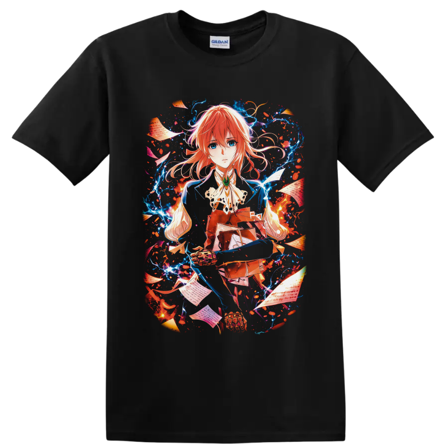 Violet Evergarden anime portrait with floating letters, petals, and glowing blue energy on a Black T Shirt