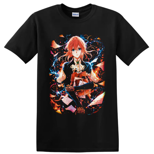 Violet Evergarden anime portrait with floating letters, petals, and glowing blue energy on a Black T Shirt