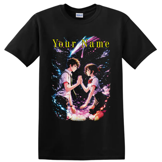Yoshiki and Hikaru cosmic anime crossover with Your Name text and comet trails on a Black T Shirt