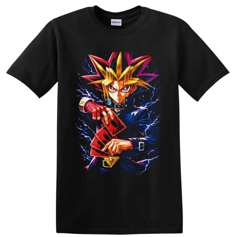 Yami Yugi with red duel cards, golden pendant, and electric lightning anime art on a Black T Shirt