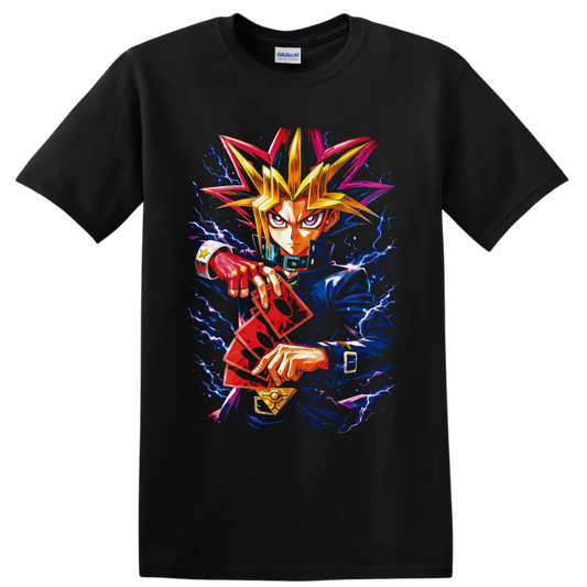 Yami Yugi with red duel cards, golden pendant, and electric lightning anime art on a Black T Shirt