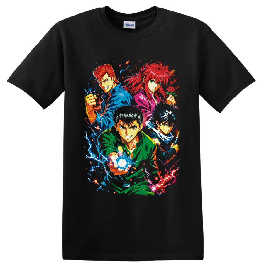 YuYu Hakusho team anime collage with Yusuke, Kuwabara, Kurama, Hiei and electric energy on a Black T Shirt
