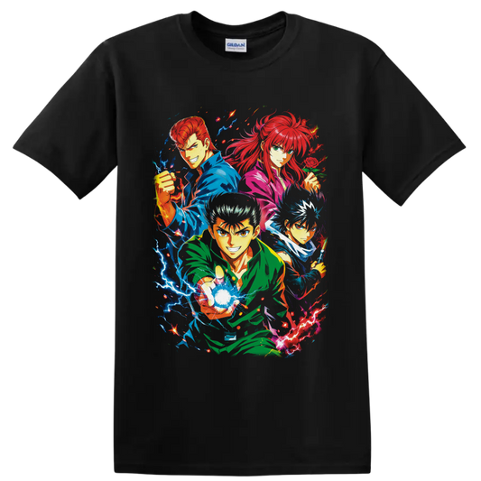 YuYu Hakusho team anime collage with Yusuke, Kuwabara, Kurama, Hiei and electric energy on a Black T Shirt