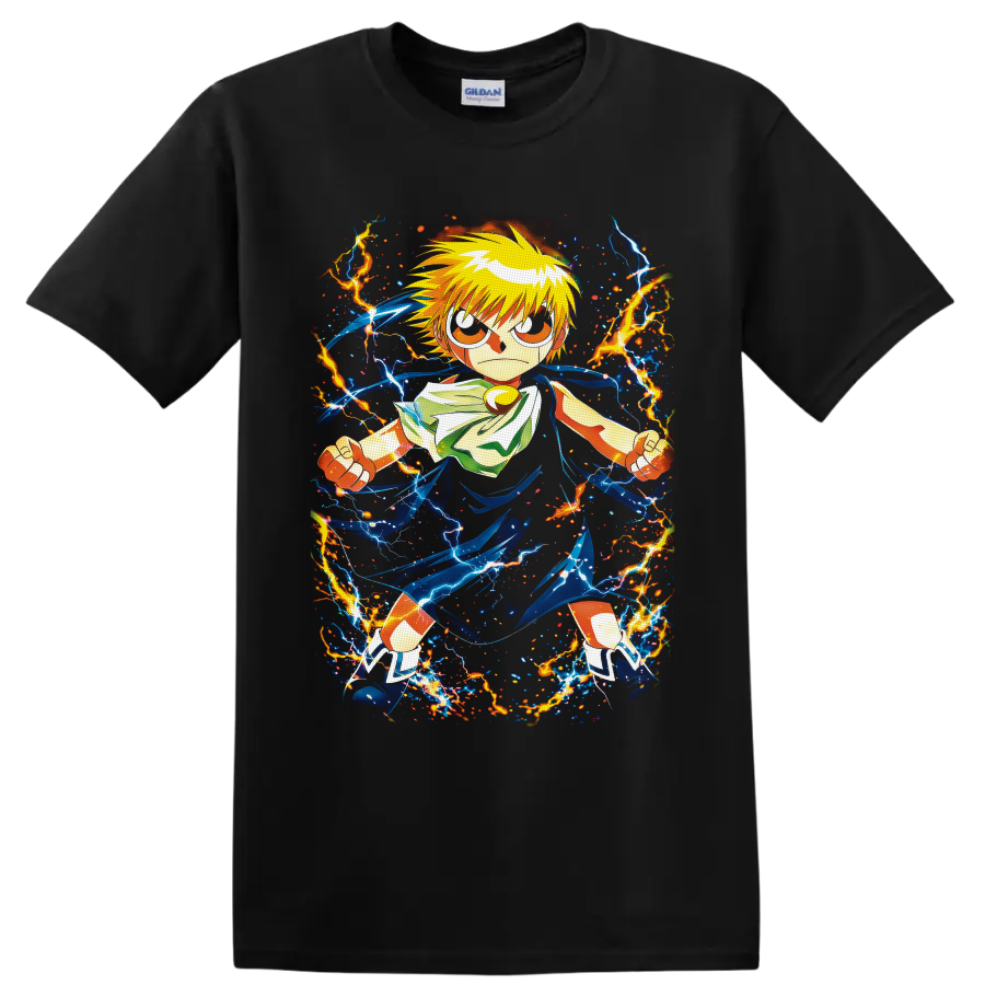 Zatch Bell anime hero surrounded by blue energy ribbons and orange lightning on a Black T Shirt