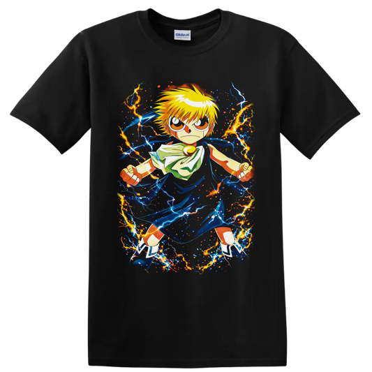 Zatch Bell anime hero surrounded by blue energy ribbons and orange lightning on a Black T Shirt