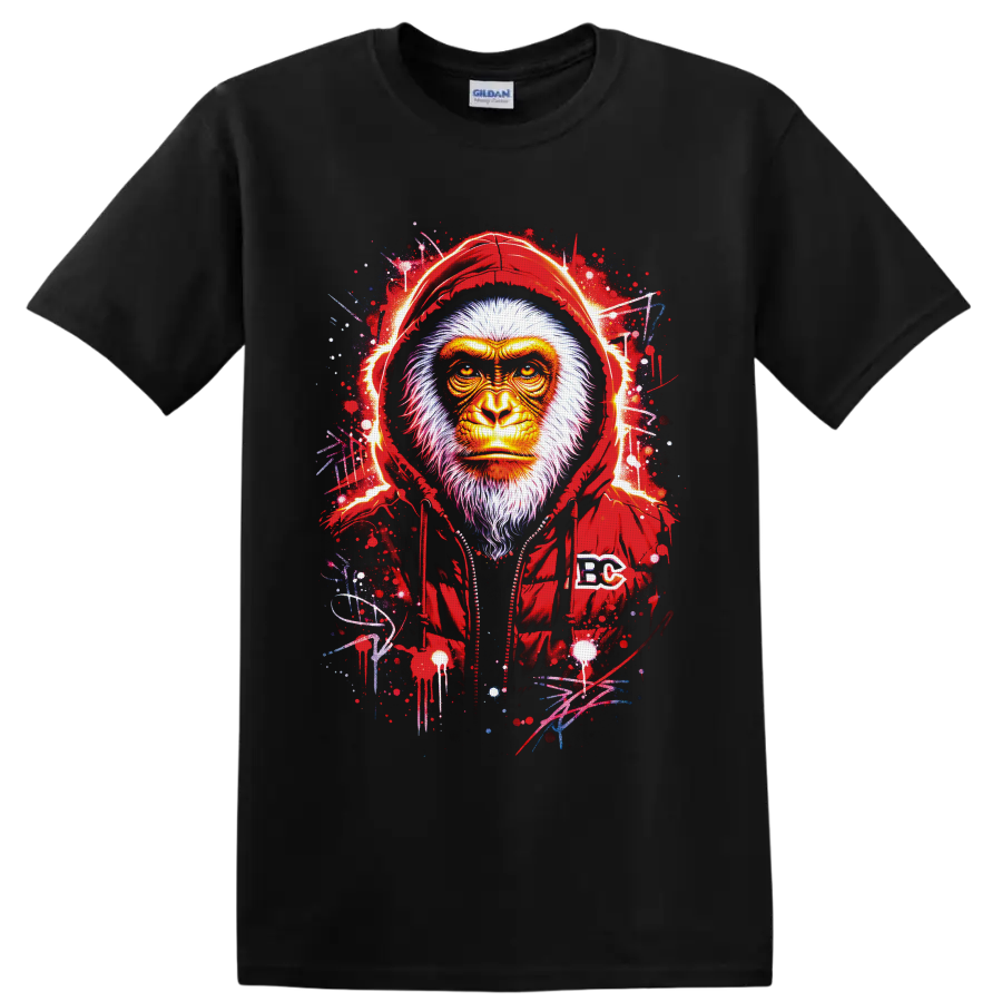 Fierce hooded gorilla portrait with paint splatters and graffiti-style strokes on a Black T Shirt