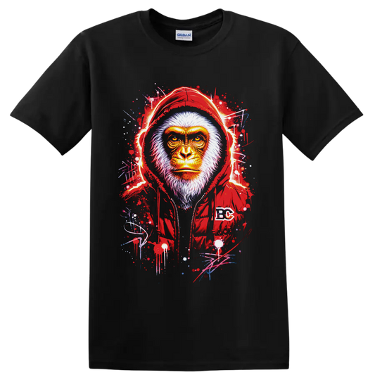 Fierce hooded gorilla portrait with paint splatters and graffiti-style strokes on a Black T Shirt