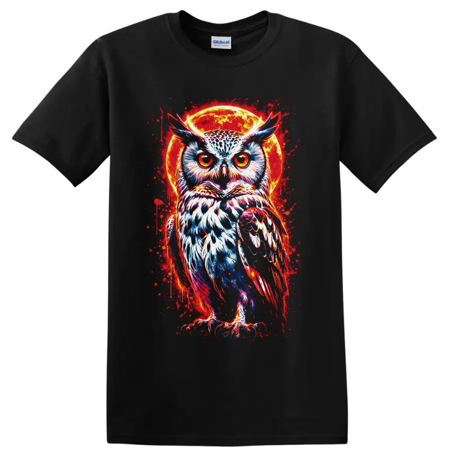 Neon owl with fiery eyes before a glowing moon in vivid gothic splatter art on a Black T Shirt