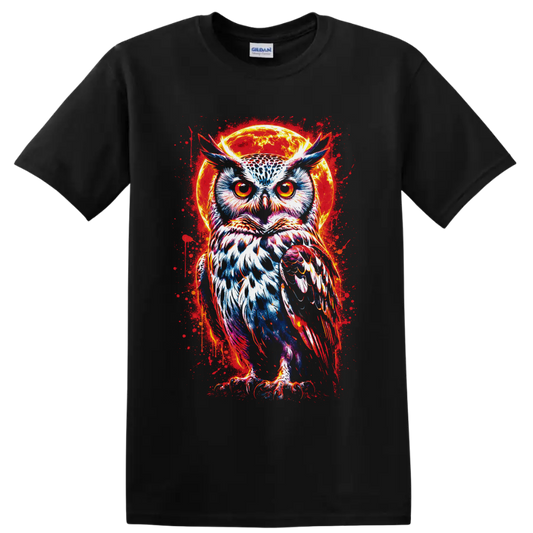 Neon owl with fiery eyes before a glowing moon in vivid gothic splatter art on a Black T Shirt