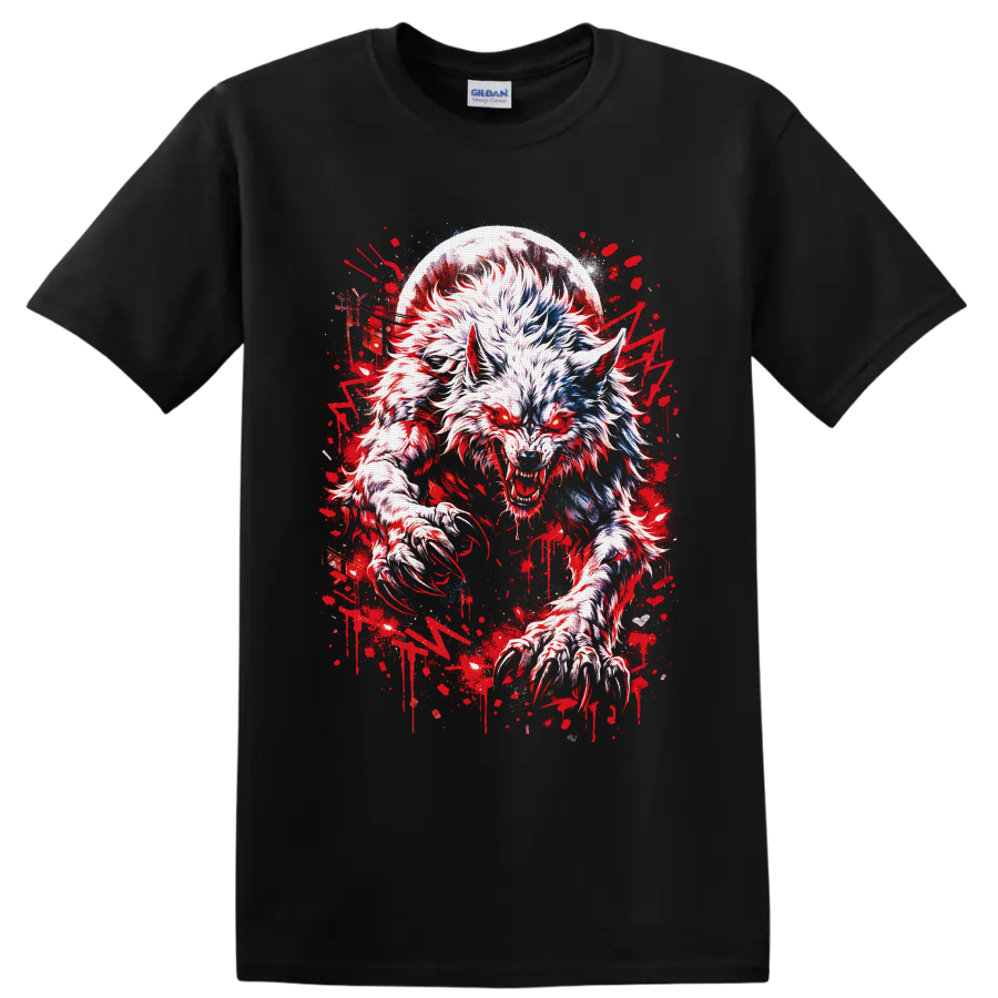 Snarling werewolf beneath a full moon in red splatter gothic horror art on a Black T Shirt
