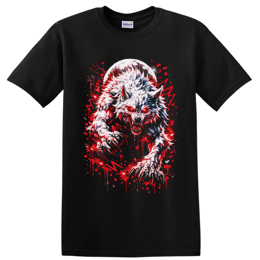 Snarling werewolf beneath a full moon in red splatter gothic horror art on a Black T Shirt