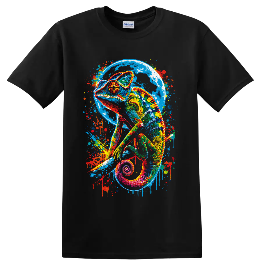 Colorful chameleon with blue moon backdrop and vibrant paint-splatter graffiti art on a Black T Shirt
