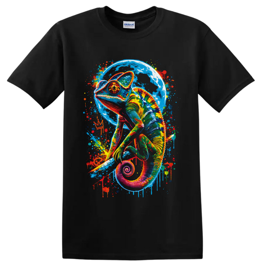 Colorful chameleon with blue moon backdrop and vibrant paint-splatter graffiti art on a Black T Shirt