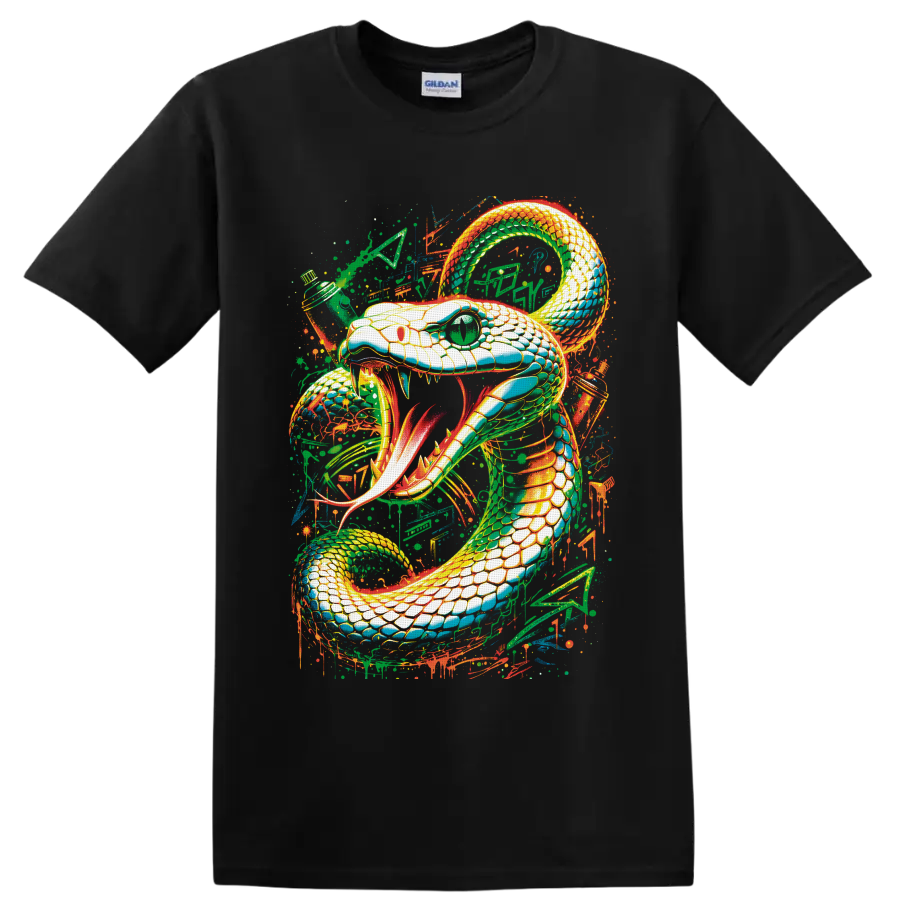 Neon graffiti-style coiled cobra with fangs, green eye, and paint splatters on a Black T Shirt