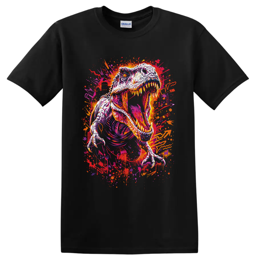Roaring Tyrannosaurus rex in neon graffiti art with paint splatters on a Black T Shirt