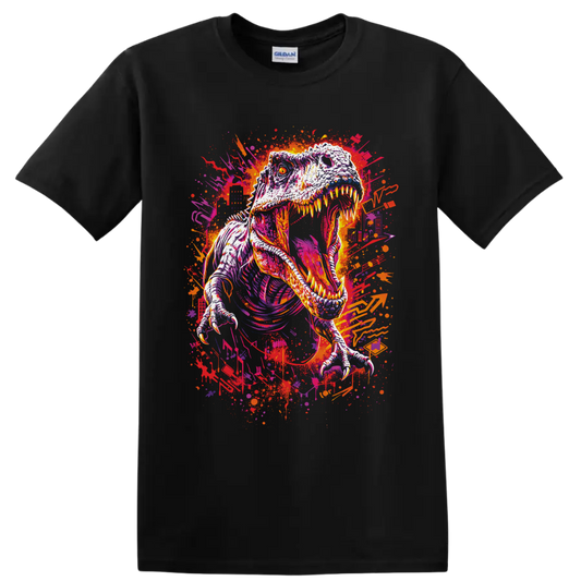 Roaring Tyrannosaurus rex in neon graffiti art with paint splatters on a Black T Shirt