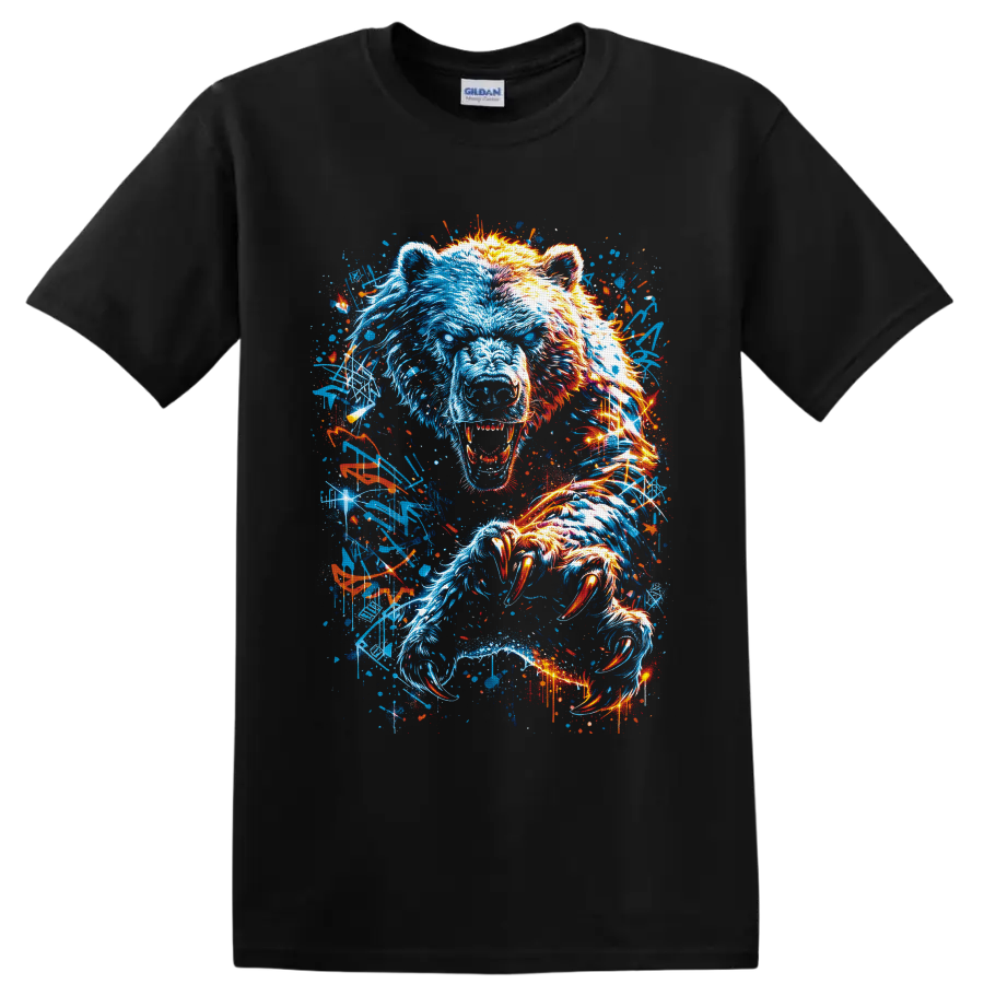Roaring polar bear with neon blue and orange graffiti-style claws on a Black T Shirt