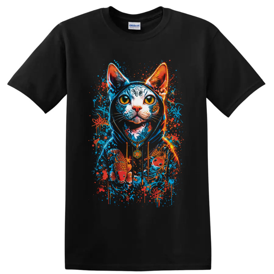 Neon graffiti hairless cat portrait with koi fish, waves, and paint splatters on a Black T Shirt