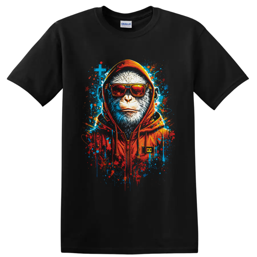 Monkey in red sunglasses and orange headphones with blue and red graffiti splatters on a Black T Shirt