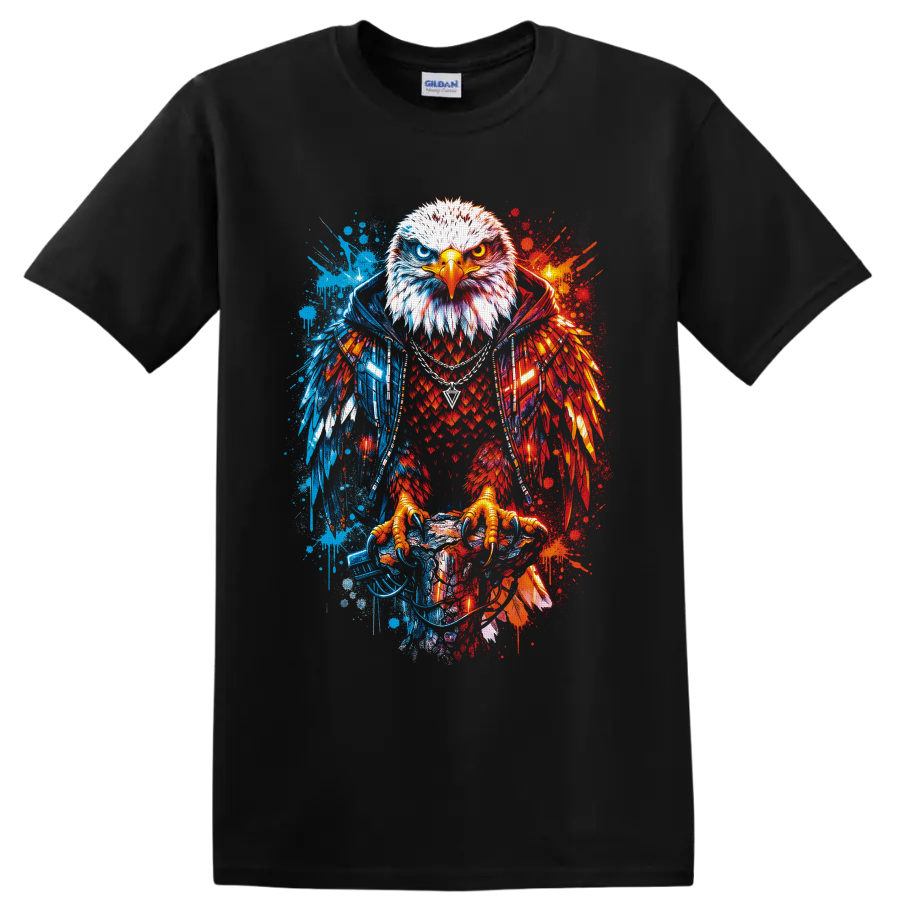 Fierce bald eagle with split red and blue graffiti splatter wings on a Black T Shirt