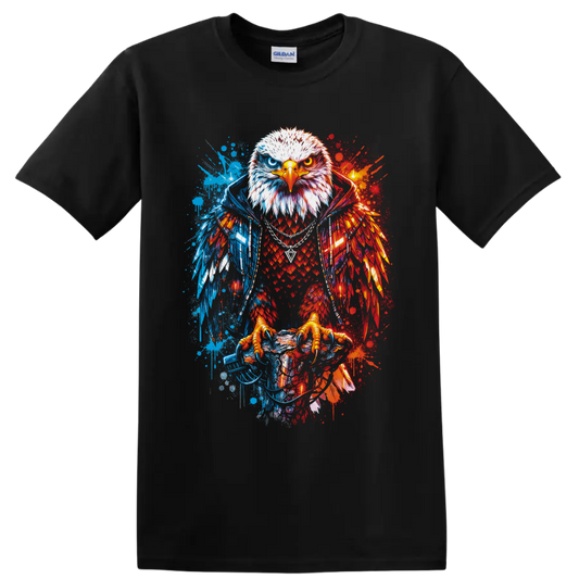 Fierce bald eagle with split red and blue graffiti splatter wings on a Black T Shirt