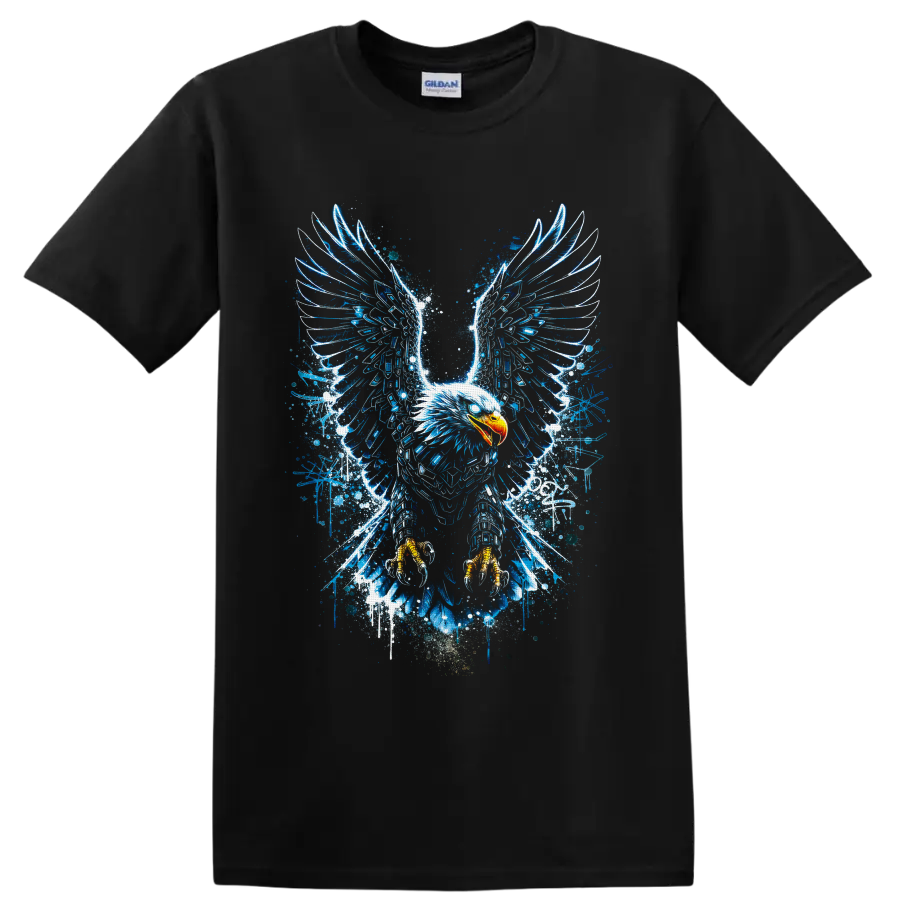 Bald eagle with electric blue grunge wings, splatters, and golden talons on a Black T Shirt
