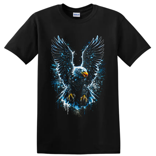Bald eagle with electric blue grunge wings, splatters, and golden talons on a Black T Shirt