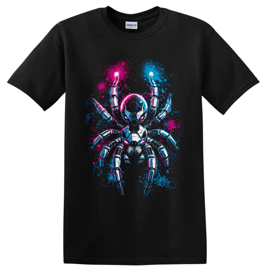 Chrome cyberpunk robotic spider with electric blue and hot pink paint splashes on a Black T Shirt
