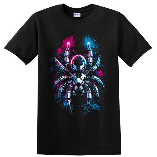 Chrome cyberpunk robotic spider with electric blue and hot pink paint splashes on a Black T Shirt