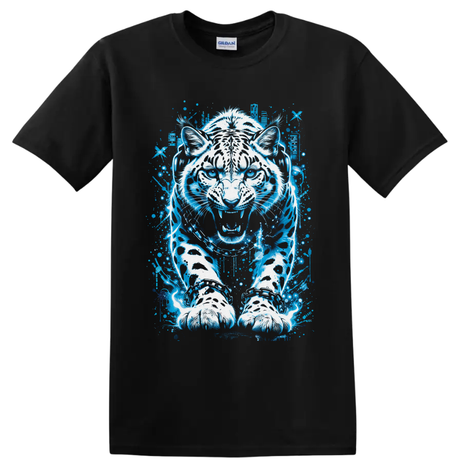 White tiger in headphones with neon blue graffiti-style splatter artwork on a Black T Shirt