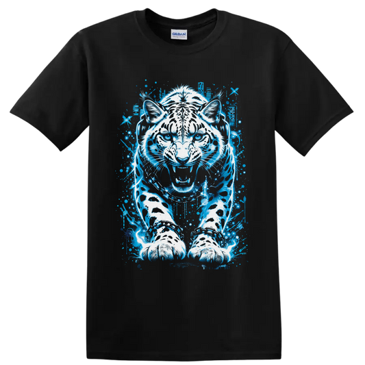 White tiger in headphones with neon blue graffiti-style splatter artwork on a Black T Shirt