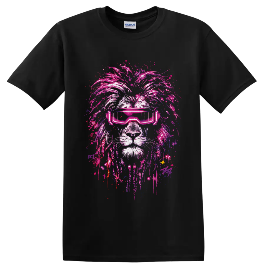 Cyberpunk lion portrait with neon pink visor and paint-splattered graffiti mane on a Black T Shirt