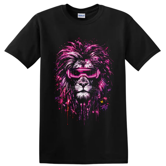 Cyberpunk lion portrait with neon pink visor and paint-splattered graffiti mane on a Black T Shirt